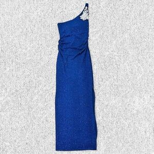 Extra small xs blue one shoulder glitter evening gown dress